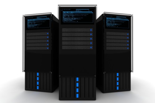 The Datacenter. Three Black Servers 3D Render on the White Background. Hosting - Datacenter Illustra