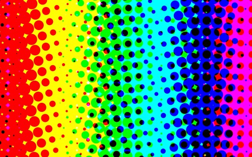 large halftone pattern featuring all colours of the spectrum formed by overlapping the 4 process col